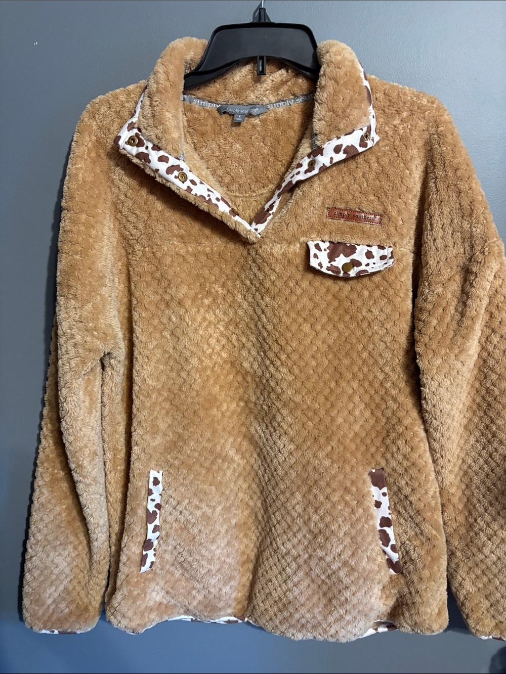 Simply Southern Tan Sherpa Pullover with Cow-Print Trim